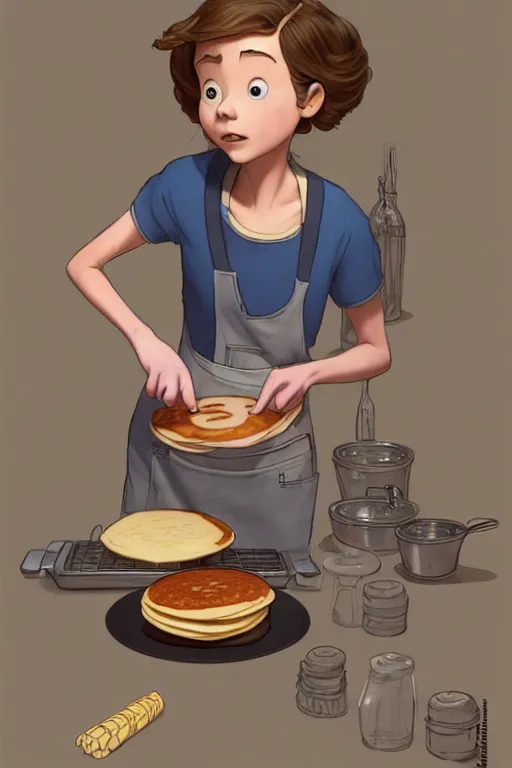 Image similar to millie brown making pancakes, animation pixar style, by pendleton ward, magali villeneuve, artgerm, rob rey and kentaro miura style, golden ratio, trending on art station