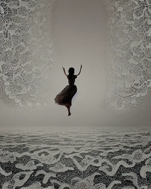 Image similar to a woman floating above the sea, made of intricate decorative lace leaf skeleton, in the style of the dutch masters and gregory crewdson, dark and moody