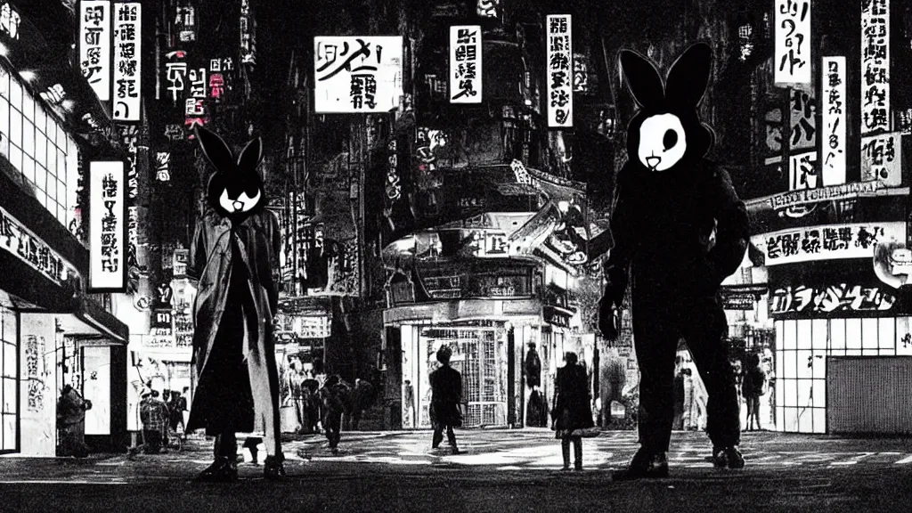 Prompt: a man in a trench coat wearing a black rabbit mask in front of a night club, film still from the an anime directed by Katsuhiro Otomo with art direction by Salvador Dalí, wide lens