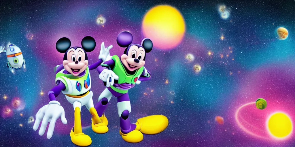 Image similar to mickey face, buzz lightyear body, space background, cinematic