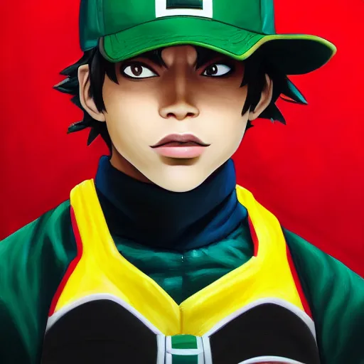 Image similar to an oil painting of a izuku midoriya wearing a hip - hop rap hat, by artgerm, hd, hdr, ue 5, ue 6, unreal engine 5, cinematic 4 k wallpaper, 8 k, ultra detailed, gta cover art, high resolution, artstation, award winning