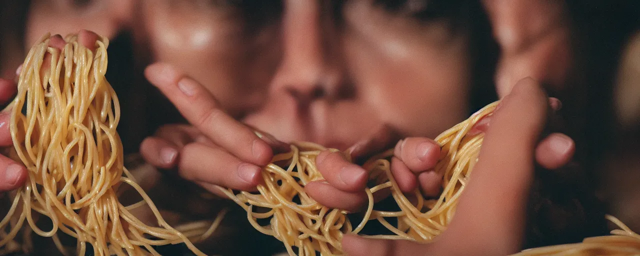 Image similar to an artist painting a portrait with spaghetti, canon 5 0 mm, cinematic lighting, photography, retro, film, kodachrome, closeup