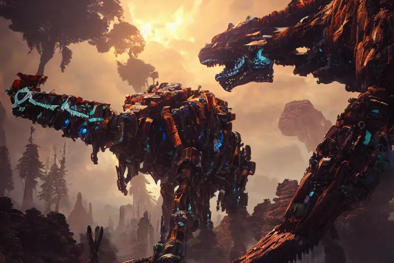 Image similar to tremortusk machine mecha animal beast robot of horizon forbidden west horizon zero dawn bioluminiscence global illumination ray tracing hdr fanart arstation by sung choi and eric pfeiffer and gabriel garza and casper konefal