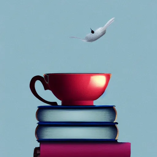 Image similar to Poster of a Teacup on a stack of books, digital art, award winning, trending on artstation