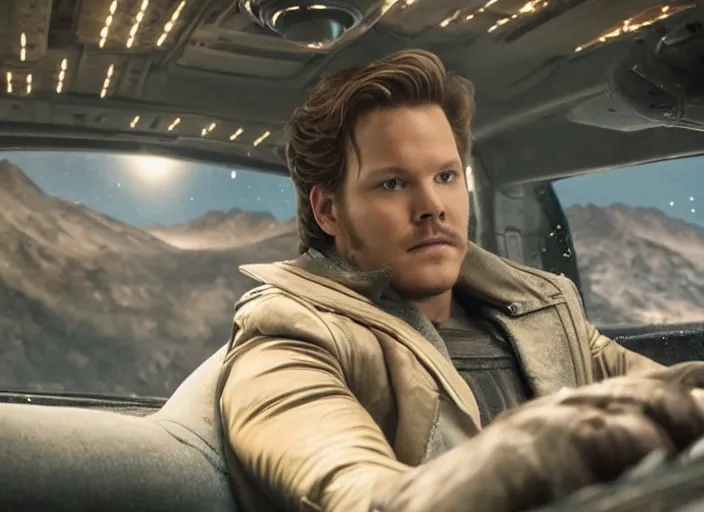 Image similar to a very high resolution image from a new movie, starlord. inside of a car. mountains, falling stars, directed by wes anderson