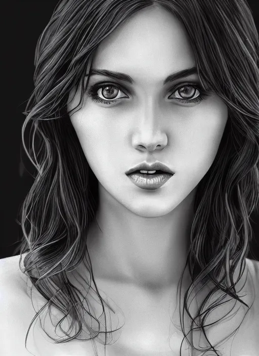 Image similar to full body portrait of a beautiful woman in black and white, photorealistic, hair down to waist, in the style of Kevin Kostic, art by diego fazio and diegoKoi and artgerm, hyper sharp focus, 8k highly detailed