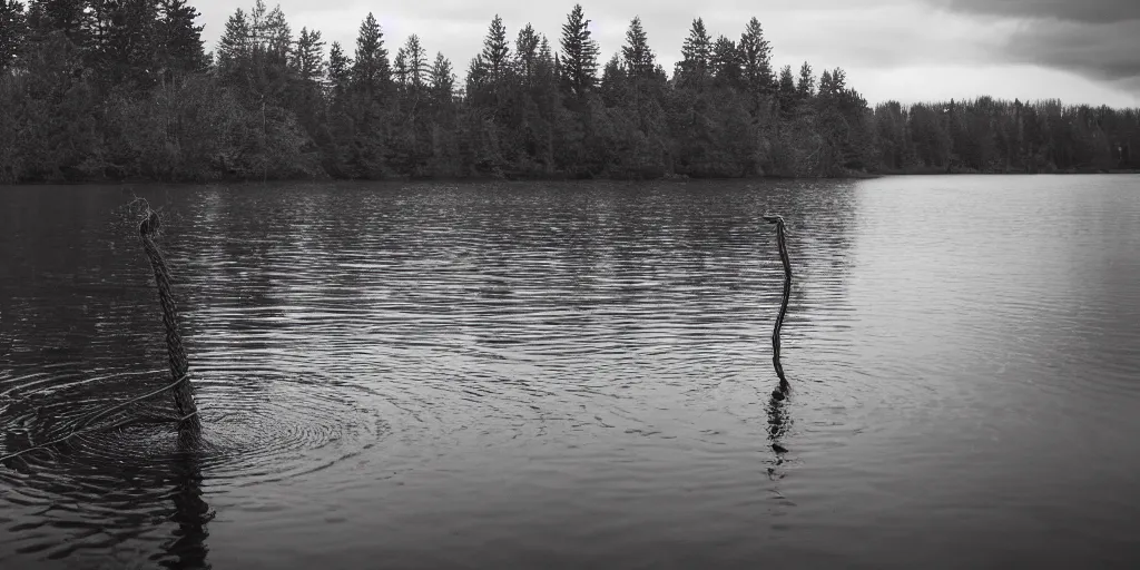 Prompt: symmetrical photograph of an infinitely long rope floating on the surface of the water, the rope is snaking from the foreground stretching out towards the center of the lake, a vortex in the middle of a dark lake on a cloudy day, trees in the background, anamorphic lens