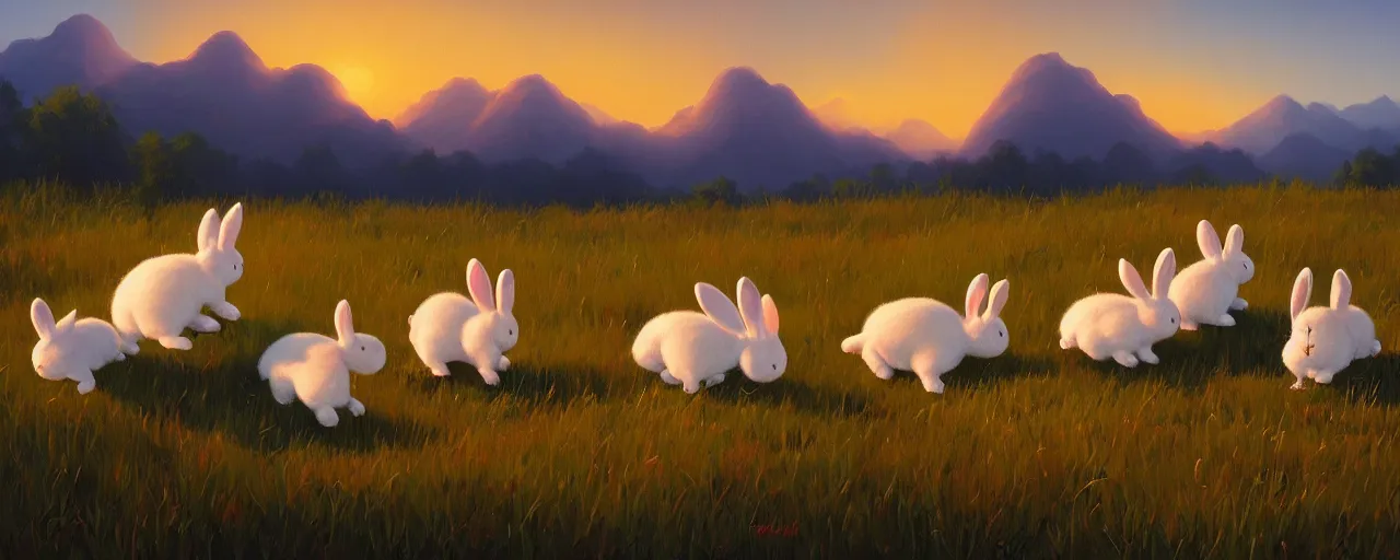 Prompt: cotton bunnies hopping around in a beautiful nature landscape with clouds, mountains, in background, sunset, by rhads