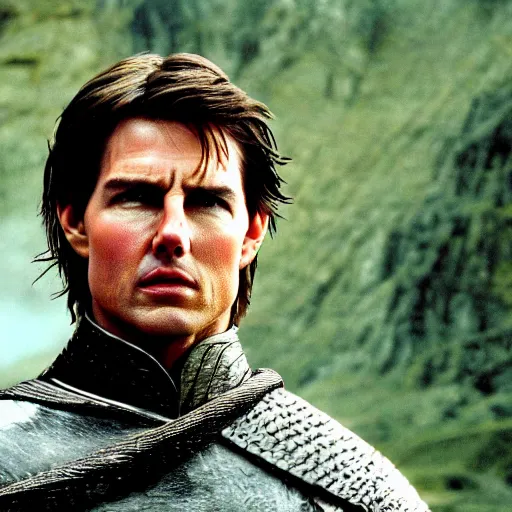 Prompt: tom cruise as aragon in lord of the rings, 4 k, epic, cinematic, focus, movie still, fantasy, serious, extreme detail, atmospheric, dark colour, sharp focus