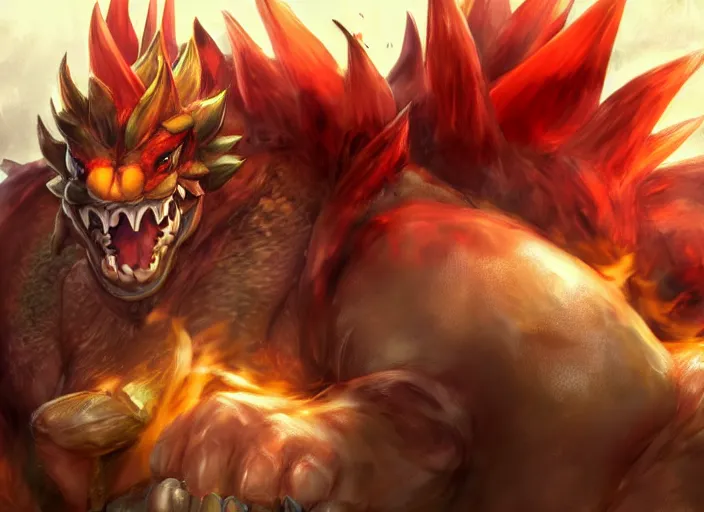 Prompt: detailed concept art of a huge giant bowser by cheng yi and luolin, aartstation, artstationhd, detailed scales, spiky and red hair tuft green scales. bowser, bowser nintendo, koopa, ~ bowser # bowser ( ( mario ) ) bcy. net, realistic. cheng yi, fire breathing. bowser