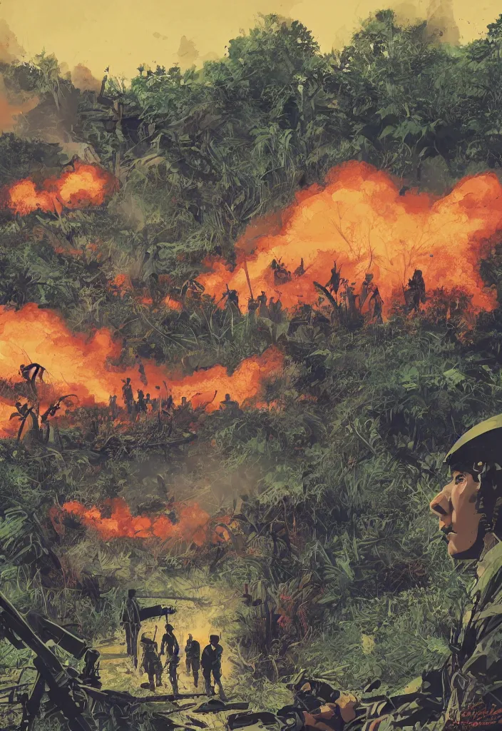 Prompt: handmade colorful illustration of an epic Vietnam War scene with a very few american soldiers walking, one american soldier at the forefront staring at the jungle, blue sky with beautiful clouds, some fire with columns of grey smoke, line art, heavy brushstrokes, oil on canvas by Kilian Eng and by Jake Parker, winning-award masterpiece, fantastic, octane render, 8K HD Resolution, High quality image