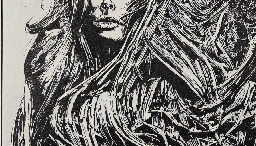 Image similar to linocut print of doutzen kroes by simon bisley, hr giger and beksinski, ink, detailed, clean lines