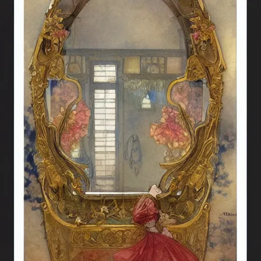 Prompt: a beautifull intricate watercolour painting of a victorian room with mirror, reflexions, verry high details by william turner art, greg rutkowski and alphonse mucha, trending on artstation, very very detailed, masterpiece, - h 7 0 4