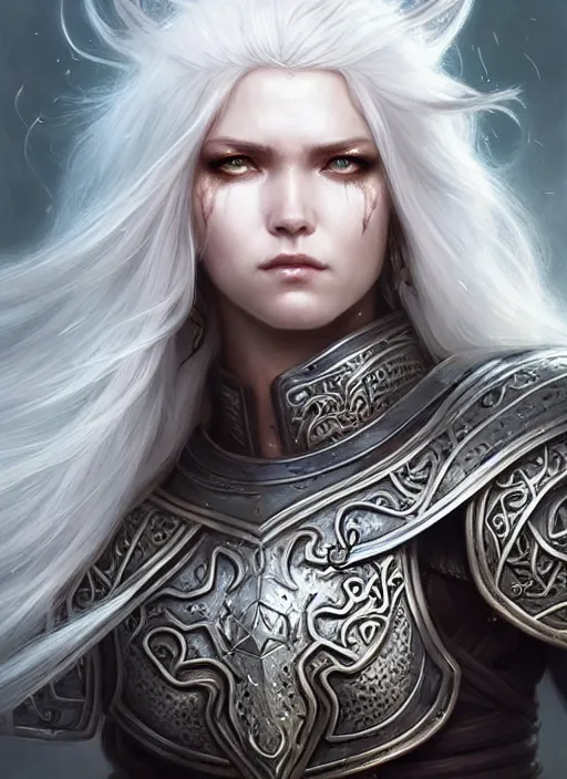 Image similar to barbarian, plated armor!!! long wild white hair!! fantasy, d & d, intricate ornate details, digital painting, beautiful eyes!, pretty face!!, symmetry, concept art, sharp focus, illustration, art by artgerm! greg rutkowski magali villeneuve wlop! ilya kuvshinov!!, octane render