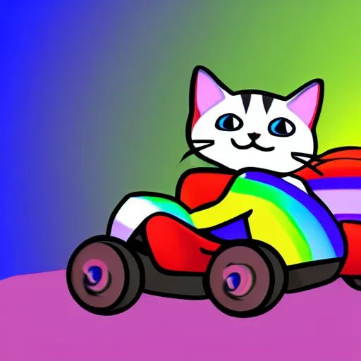 Image similar to digital illustration of a cat with wind blowing through his jacket, driving a kart through rainbow road, 4K