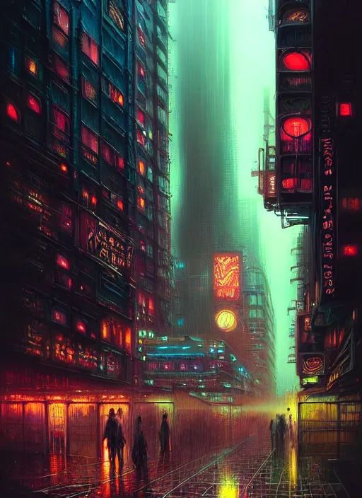 Image similar to rainy night in a cyberpunk city, neon lights, intricate, elegant, highly detailed, centered, digital painting, artstation, concept art, smooth, sharp focus, illustration, artgerm, tomasz alen kopera, peter mohrbacher, donato giancola, joseph christian leyendecker, wlop, boris vallejo