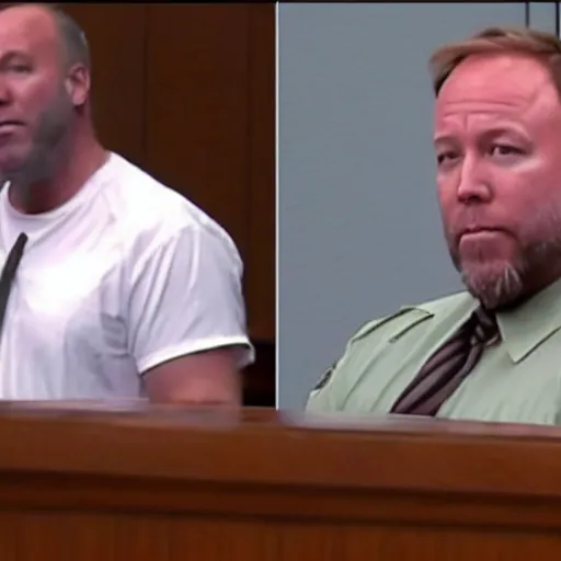 Prompt: shaggy graying balding alex jones on trial shirtless in courtroom