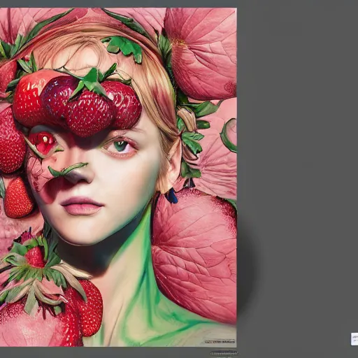 Image similar to the portrait of an absurdly beautiful, graceful, elegant, sophisticated perky woman made of strawberries and green petals, an ultrafine hyperdetailed illustration by kim jung gi, irakli nadar, intricate linework, bright colors, octopath traveler, final fantasy, unreal engine 5 highly rendered, global illumination, radiant light, detailed and intricate environment