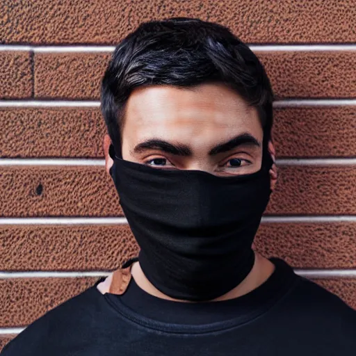 Prompt: professional digital art of a young adult man with short hair wearing a black face mask and a dark sweatshirt leaning against a wall, high quality, HD, 8K, highly detailed, award-winning