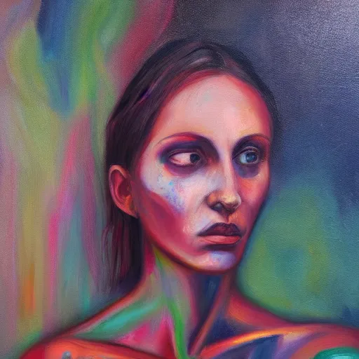 Image similar to stunning oil painting portrait of a young woman hugging an abstract human figure in the style of Meredith Marsone, spring colors