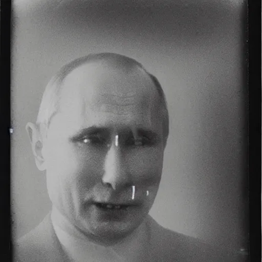 Prompt: vladimir putin is vampire having sharp teeth, is in minerals cave, polaroid black and white picture, 1 9 th century, scary horrifying