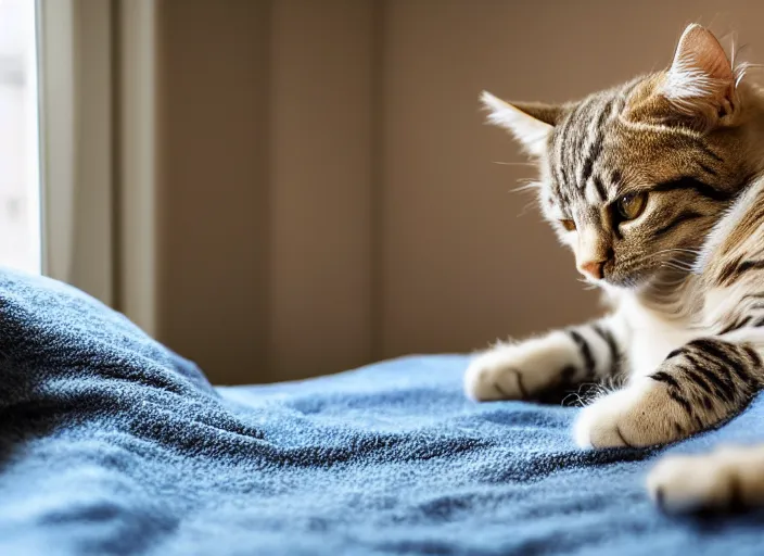 Image similar to photography of a Cat . watching outside the window. on a bed. in a 70's room full of vinyls and posters, photorealistic, award winning photo, 100mm, sharp, high res