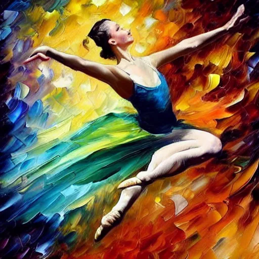 Image similar to palette knife oil painting of a leaping ballerina, extreme detail, style by leonid afremov and degas, artstation, artgerm, deviant art, octane, substance, art history, photo realistic