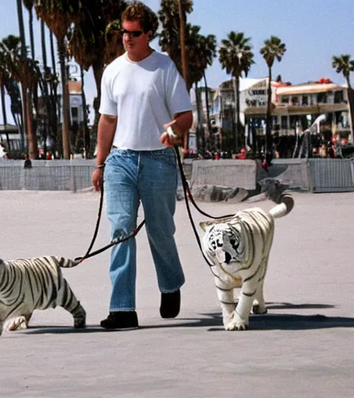 Image similar to celebrity walking his pet white tiger on a chain down Venice beach, muscle beach in 1998