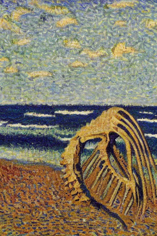 Image similar to a dinosaur skeleton by an ocean beach, soft edges, medium saturation, high contrast, gustave loiseau