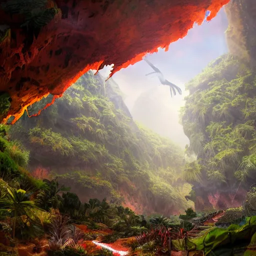 Image similar to Canyon in the jungle with corals and dinosaur dkeletons, 8k, detailed, concept art, trending on artstation