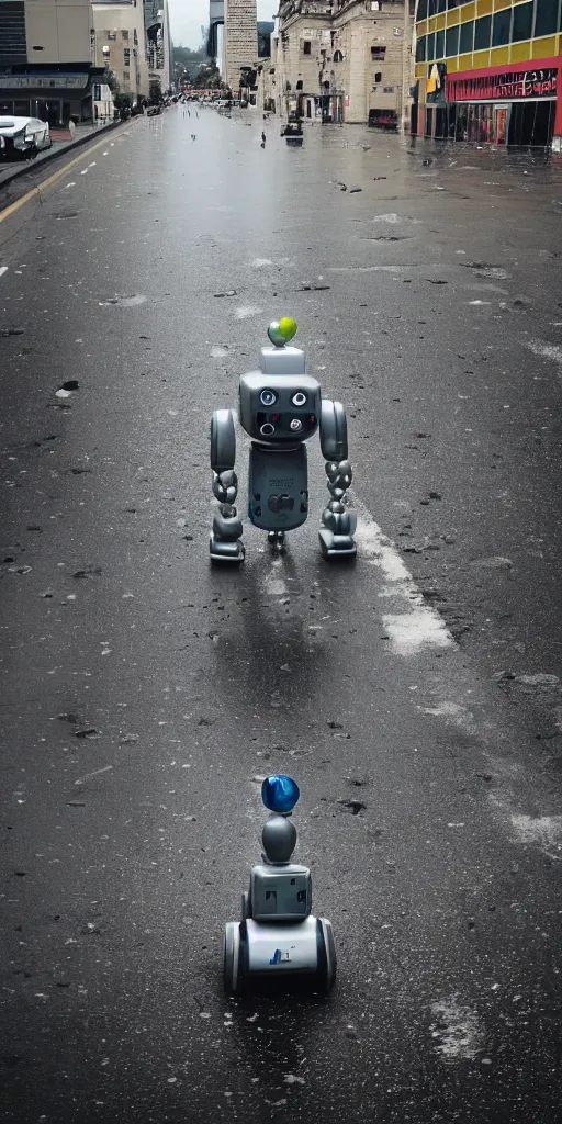 Image similar to robot on the road, city, photo, rain,