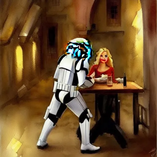 Image similar to stormtrooper and hot blonde drinking wine in a cellar, romantic, cozy, inviting, detailed, beautiful, atmospheric, impressionism, watercolor by vladimir volegov, inspired by ralph mcquarrie