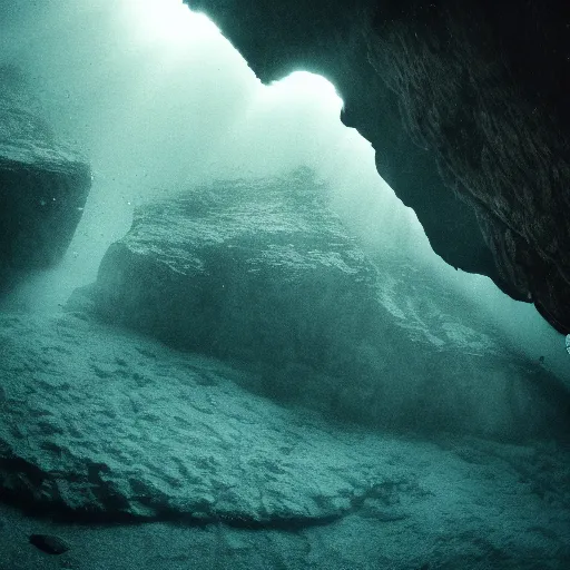 Image similar to A photo of a underwater cliff. Underwater photo, dream like, haunting, atmospheric, cinematic lighting.