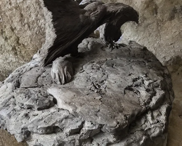 Prompt: a rock table that's holding an ancient effigy of a raven, clay sculpture, photograph, zoomed out, trending on tumblr, history textbook