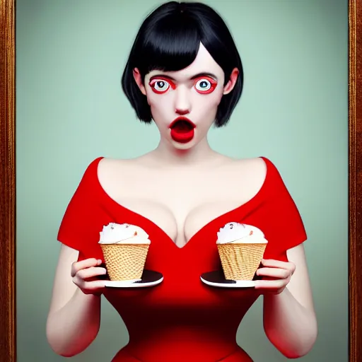 Image similar to cute girl in red dress with black hair and large beautiful eyes consuming ice cream in her bed, digital art, full body shot, perfect symmetrical body, perfect symmetrical face, coherent symmetrical eyes, by peter kemp, by monia merlo, hyperdetailed, octane render, 8 k