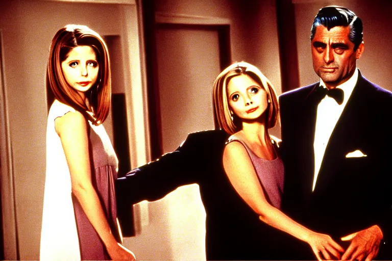 Image similar to cary grant as giles in buffy the vampire slayer, along side sarah michelle gellar 1 9 9 8