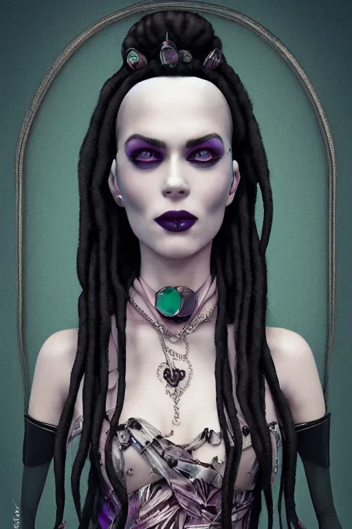 Prompt: vaporwave, an elegant sophisticated gothic queen with long wild dreads wearing a suit, straight on, by artgerm, jamie hewlett, tom bagshaw, gerald brom, 4 k, smooth, hd, substance designer render, full body character concept art,