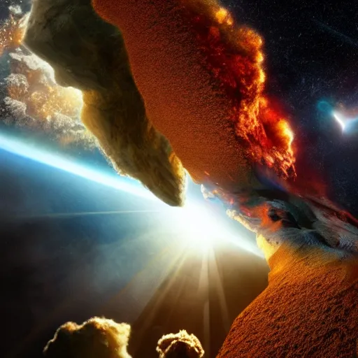 Prompt: an asteroid is crashing into earth. movie. cinematic. epic. huge explosion. particle effects. molten. octane renderer.