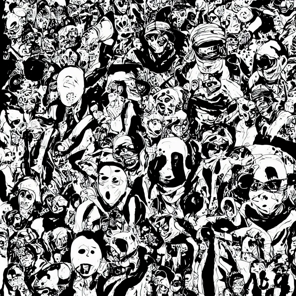 Image similar to faceless human figures, kazuo umezu artwork, jet set radio artwork, stripes, tense, space, skimask, balaclava, ominous, minimal, cybernetic, cowl, dots, stipples, lines, hashing, thumbprint, dark, eerie, circuit board, crosswalks, guts, folds, tearing, painting