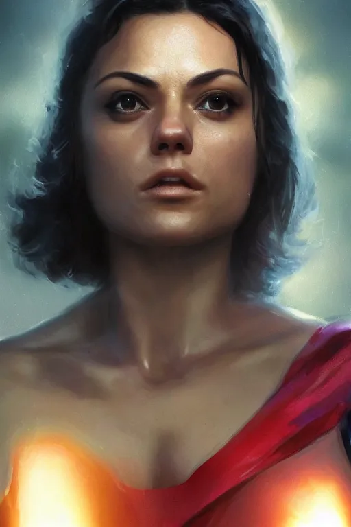 Image similar to a fancy close up of Man of Steel cast as Mila Kunis by Greg Rutkowski, Sung Choi, Mitchell Mohrhauser, Maciej Kuciara, Johnson Ting, Maxim Verehin, Peter Konig, 8k photorealistic, cinematic lighting, HD, high details, dramatic, trending on artstation, full body shot