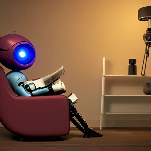 Image similar to futuristic studious matte brown and red full-body humanoid robot with two huge round expressive sad purple glowing LED eyes and open rectangular mouth sitting on a large comfortable cushioned 1950s vintage recliner reading a newspaper. open newspaper. Cinematic Movie Photograph, Arri Alexa, Extremely Detailed, smooth, very very clean, 8K, octane render, maya render, unreal engine, trending on artstation, DSLR, excellent composition, center frame