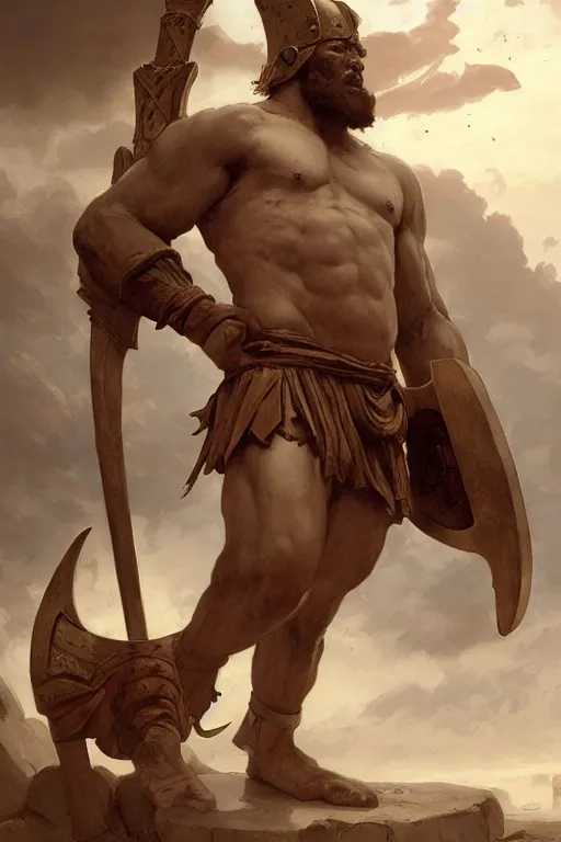 Image similar to ancient historically accurate depiction of the Bible Character Goliath of Gath, the Philistine warrior giant by frank miller, illustration by Ruan Jia and Mandy Jurgens and William-Adolphe Bouguereau, Artgerm, 4k, digital art, surreal, space dandy style, highly detailed, godsend, artstation, digital painting, concept art, smooth, sharp focus, illustration by Ruan Jia and Mandy Jurgens and William-Adolphe Bouguereau, Artgerm