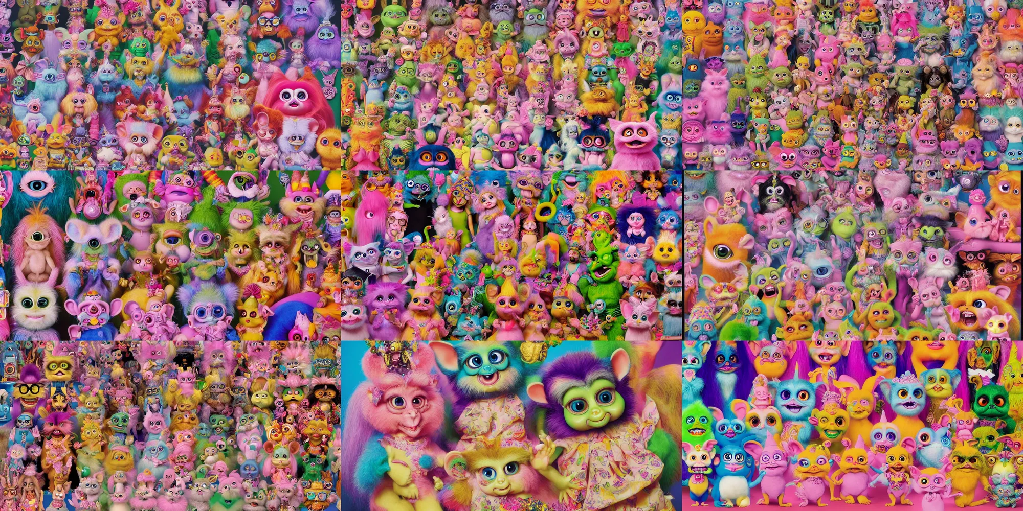 Prompt: hyperreal hindu furby rat fink barbie kewpie dragon dog god troll doll, kawaii high definition lifelike portrait art on 35mm film by Lisa Frank and Robert Crumb