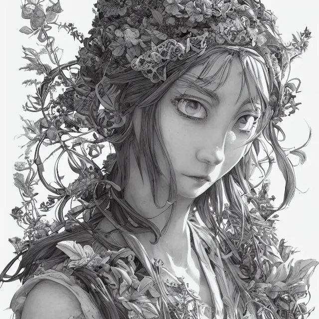 Image similar to the portrait of chaotic good female druid botanist as absurdly beautiful, gorgeous, elegant, young anime girl, an ultrafine hyperdetailed illustration by kim jung gi, irakli nadar, intricate linework, sharp focus, bright colors, octopath traveler, final fantasy, unreal engine 5 highly rendered, global illumination, radiant light, detailed and intricate environment