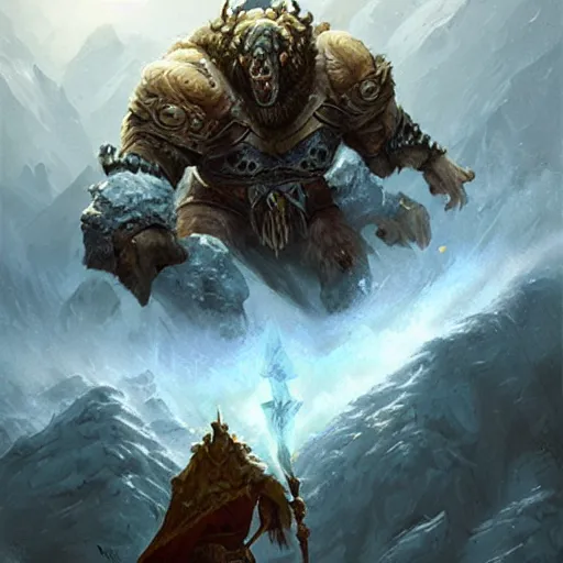 Image similar to the hero mountain king from the game warcraft, oil painting, by greg rutkowski