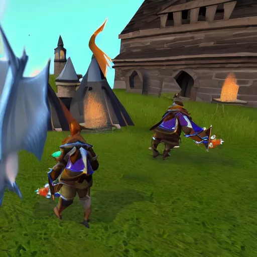 Image similar to a screenshot from runescape with two magical dragons perched on top of lumbridge