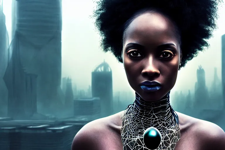 Prompt: realistic detailed closeup portrait movie shot of a beautiful black woman with a giant spider, dystopian city landscape background by denis villeneuve, amano, yves tanguy, alphonse mucha, max ernst, kehinde wiley, caravaggio, roger dean, cyber necklace, rich moody colours, sci fi patterns, wide angle