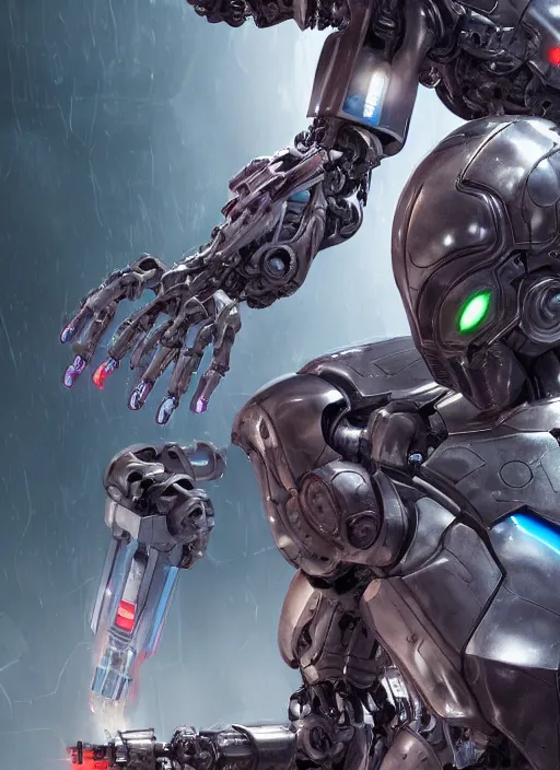 Image similar to cyborg, borg, android, strogg, face of a man, body of a robot, droid, robocop, cable, victor stone, ultron, terminator, machine, flesh, quake, doom demon, wolfenstein, monster, octane render, from an anime movie, symmetry, symmetrical, concept art by ruan jia and greg rutkowski