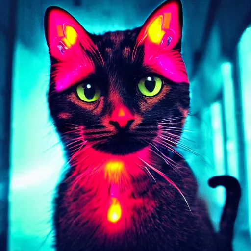 Prompt: a cat with a third eye staring at your soul, cyberpunk style, 8k