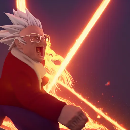 Prompt: bernie sanders with super saiyan hair charging up for a kamehameha, artstation, octane render, highly detailed